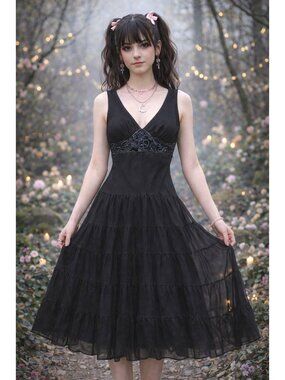 Silk Empire Waist women's size M y2K BlackTiered Midi Dress Jonathan Martin